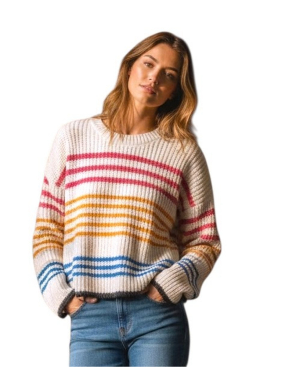 Blue Rain Striped Crew Neck Sweater, Loose fit, Size Small, White Multi-color